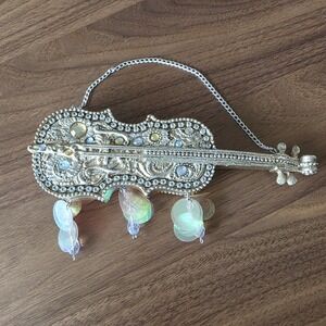 Vintage Large 6.75" Gold Jeweled Violin Christmas Tree Ornament‎ Wall Decor
